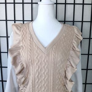 ALICE BLUE Women's Beige/White Ruffle Trim Cable Knit Vest with L/S Size Medium